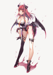 Rule 34 | 1girl, asymmetrical gloves, bare shoulders, bat wings, black thighhighs, black wings, blush, bodysuit, breasts, chococuco, choker, cleavage, demon, demon girl, from side, full body, gem, gloves, grey background, halterneck, highres, hip vent, horns, large breasts, leaning forward, legs apart, leotard, long hair, looking at viewer, low wings, multiple wings, original, pointy ears, purple gemstone, red eyes, red hair, ribbon, simple background, solo, standing, thigh strap, thighhighs, uneven gloves, unfastened, white background, wings