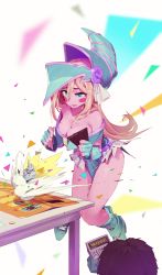 Rule 34 | 1girl, bare shoulders, blonde hair, blue dress, blue footwear, blurry, blurry background, blush stickers, breasts, card, character request, cleavage, commentary request, dark magician girl, depth of field, dress, duel monster, explosion, floating, glint, green eyes, hair between eyes, hat, highres, holding, kamameshi gougoumaru, kuriboh, large breasts, long hair, long sleeves, off shoulder, parted lips, round teeth, solo, teeth, yu-gi-oh!