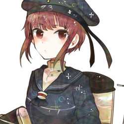 Rule 34 | 10s, 1girl, bad id, bad nicoseiga id, brown eyes, brown hair, clothes writing, hat, itomugi-kun, kantai collection, military hat, personification, school uniform, short hair, solo, white background, z3 max schultz (kancolle)
