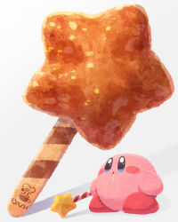 Rule 34 | :o, blue eyes, blush, blush stickers, commentary request, copyright notice, drooling, food, food request, highres, holding, holding wand, kirby, kirby (series), kirby cafe, looking up, miclot, nintendo, no humans, open mouth, shadow, simple background, solo, standing, star-shaped food, star (symbol), star rod, wand, white background