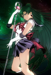 Rule 34 | 1girl, artist name, back bow, bishoujo senshi sailor moon, black choker, boots, bow, breasts, brooch, choker, circlet, closed mouth, commentary, dark-skinned female, dark skin, earrings, elbow gloves, english commentary, feet out of frame, female focus, garnet rod, gloves, green hair, hair bun, heart, heart brooch, holding, holding staff, jewelry, kaze-hime, knee boots, long hair, magical girl, meiou setsuna, purple skirt, red bow, sailor collar, sailor pluto, single hair bun, sketch, skirt, sky, solo, staff, star (sky), starry sky, twitter username, unfinished, very long hair, white gloves