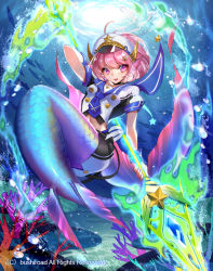 Rule 34 | 1girl, battle siren janka, bubble, cardfight!! vanguard, company name, coral, fins, fish, full body, hat, head fins, mermaid, military hat, monster girl, official art, open mouth, pink eyes, pink hair, polearm, sailor collar, solo, sparkle, spear, spinel (9057), star (symbol), teeth, underwater, weapon