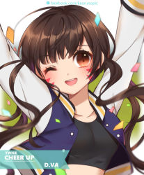 Rule 34 | 1girl, ahoge, alternate costume, arms up, blue jacket, blunt bangs, blurry, blurry background, blush, breasts, brown eyes, brown hair, character name, collar, confetti, crop top, cropped jacket, d.va (overwatch), english text, facial mark, head tilt, highres, jacket, kaoruru (sakuno2911), long hair, looking at viewer, motion blur, open clothes, open jacket, overwatch, overwatch 1, round teeth, small breasts, solo, teeth, unbuttoned, upper teeth only, watermark, web address