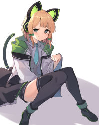Rule 34 | 1girl, absurdres, animal ear headphones, black thighhighs, blonde hair, blue archive, cat ear headphones, fake animal ears, green eyes, headphones, highres, jacket, looking at viewer, midori (blue archive), necktie, ribbon, school uniform, shadow, shoes, short hair, simple background, solo, thighhighs, white background, ziro (zirorong)