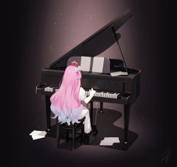 Rule 34 | 1girl, bow, crown, dress, facing away, from behind, gradient hair, grey hair, hair bow, hayabusa (vert 320), himemori luna, himemori luna (1st costume), hololive, instrument, light particles, mini crown, multicolored hair, music, paper, piano, pink hair, playing instrument, puffy short sleeves, puffy sleeves, short sleeves, signature, solo, spotlight, virtual youtuber, white dress