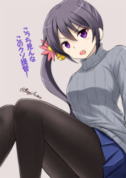 Rule 34 | &gt;:o, 10s, 1girl, :o, akebono (kancolle), alternate costume, bell, black pantyhose, blue skirt, casual, commentary request, flower, fuuma nagi, grey background, grey hair, grey sweater, hair bell, hair flower, hair ornament, jingle bell, kantai collection, long hair, open mouth, pantyhose, pleated skirt, purple eyes, shitty admiral (phrase), side ponytail, simple background, sitting, skirt, solo, sweater, translation request, twitter username, v-shaped eyebrows, very long hair