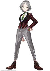 Rule 34 | 1girl, brown footwear, cross-laced footwear, crossdressing, denonbu, earrings, full body, green eyes, green necktie, grey hair, grey pants, haijima ginka, hand on own hip, jacket, jewelry, long sleeves, looking at viewer, mika pikazo, mole, mole under mouth, nail polish, necktie, official art, pants, pin, red jacket, shoes, short hair, simple background, smile, solo, striped clothes, striped jacket, tomboy, watermark, white background