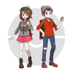 Rule 34 | 1boy, 1girl, :d, asatsuki (fgfff), backpack, bag, beanie, boots, brown bag, brown eyes, brown footwear, brown hair, buttons, cable knit, cardigan, collared dress, commentary request, creatures (company), denim, dress, game freak, gloria (pokemon), green headwear, green legwear, grey cardigan, grey headwear, hand up, hat, highres, holding, holding poke ball, holding strap, hooded cardigan, jeans, knees, nintendo, official style, open mouth, pants, pink dress, plaid, plaid legwear, poke ball, poke ball (basic), pokemon, pokemon swsh, red shirt, shirt, shoes, sleeves rolled up, smile, socks, standing, suitcase, tam o&#039; shanter, tongue, torn clothes, torn jeans, torn pants, victor (pokemon)