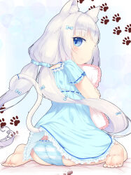 Rule 34 | 1girl, absurdres, animal ear fluff, animal ears, aqua bow, aqua pajamas, aqua scrunchie, ass, barefoot, bi neko706, blue ribbon, blunt bangs, blush, bow, cat ears, cat girl, cat tail, closed mouth, commentary, feet, frilled pajamas, frilled pillow, frills, full body, hair bow, highres, hugging object, light blue background, long hair, looking at viewer, looking back, low twintails, nekopara, pajamas, panties, paw print, pillow, pillow hug, ribbon, ribbon-trimmed sleeves, ribbon trim, scrunchie, short sleeves, sideways glance, simple background, sitting, smile, soles, solo, striped clothes, striped panties, tail, tail raised, toes, twintails, underwear, vanilla (nekopara), very long hair, wariza, white hair