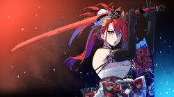 1girl absurdres ahoge black_gloves blue_fire breasts cleavage colored_inner_hair earrings elbow_gloves elizabeth_rose_bloodflame elizabeth_rose_bloodflame_(new_year) fire gloves highres hololive hololive_english huge_ahoge japanese_clothes jewelry joeboto katana long_hair multicolored_hair official_alternate_costume official_alternate_hairstyle ponytail red_eyes red_hair sword virtual_youtuber weapon