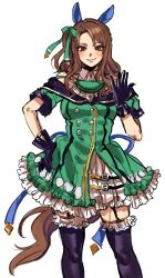 Rule 34 | absurdres, animal ears, bare shoulders, black gloves, black thighhighs, bow, buttons, double-breasted, dress, ear covers, frilled skirt, frills, garter straps, gloves, green bow, green dress, hair bow, hair ribbon, highres, horse ears, horse girl, horse tail, king halo (umamusume), kuya (hey36253625), layered skirt, long hair, looking at viewer, off-shoulder dress, off shoulder, red eyes, ribbon, short sleeves, side ponytail, simple background, skirt, smile, tail, thighhighs, umamusume, wavy hair, white background
