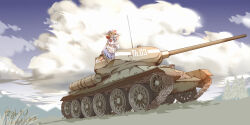 Rule 34 | 1girl, absurdres, blue dress, cannon, cloud, dress, highres, kana anaberal, military vehicle, motor vehicle, pzgr.40, sitting, solo, t-34, t-34-85, tank, touhou, touhou (pc-98), vehicle focus