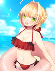 Rule 34 | 10s, 1girl, ahoge, bikini, blonde hair, breasts, cleavage, cowboy shot, fate/extra, fate/extra ccc, fate (series), frilled bikini, frills, green eyes, highres, innertube, looking at viewer, medium breasts, munuko, nero claudius (fate), nero claudius (fate) (all), nero claudius (fate/extra), open mouth, red bikini, solo, sparkle, swim ring, swimsuit