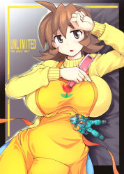 Rule 34 | 10s, 1girl, apron, breasts, brown eyes, brown hair, cellphone, danball senki, highres, huge breasts, lying, on back, phone, shimanto youta, solo, sweater, toy, turtleneck, yamano marie
