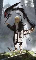 Rule 34 | 1girl, absurdres, asteroid ill, bird, black coat, blonde hair, building, coat, cyborg, day, hair between eyes, hair ornament, hairclip, halo, hand up, highres, leaf, long hair, looking at viewer, mechanical arms, mechanical legs, original, outdoors, parted lips, red eyes, ruins, science fiction, shirt, single mechanical arm, solo, sunlight, tail, white shirt