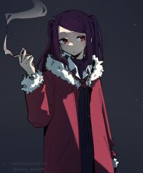 Rule 34 | 1girl, absurdres, black background, cigarette, commission, fur-trimmed jacket, fur trim, hair intakes, highres, holding, holding cigarette, jacket, jill stingray, long hair, machuuu68, necktie, open clothes, open jacket, purple eyes, purple hair, red necktie, simple background, twintails, twitter username, va-11 hall-a