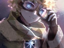 Rule 34 | 1boy, adjusting goggles, baggy clothes, blonde hair, fate/grand order, fate/requiem, fate (series), gloves, highres, looking at viewer, male focus, pistachiohyeah, scarf, short hair, smile, solo, star (symbol), upper body, voyager (fate), voyager (third ascension) (fate), white tunic, yellow scarf