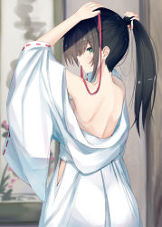 Rule 34 | 1girl, arms up, back, bare shoulders, black hair, blurry, blurry background, commentary, cowboy shot, from behind, green eyes, hair between eyes, hairdressing, high ponytail, highres, hip vent, japanese clothes, kavka, kimono, long hair, long sleeves, looking at viewer, looking back, mouth hold, off shoulder, open clothes, open kimono, original, ribbon-trimmed sleeves, ribbon trim, shoulder blades, solo, tying hair, white kimono, wide sleeves