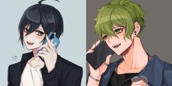 Rule 34 | 2boys, :d, ahoge, amami rantaro, black hair, black shirt, blush, bracelet, calling, cellphone, collarbone, commentary, danganronpa (series), danganronpa v3: killing harmony, earrings, green eyes, green hair, grey background, hands up, holding, jewelry, male focus, messy hair, multiple boys, necklace, open clothes, open mouth, open shirt, pale skin, phone, portrait, raonal97, ring, saihara shuichi, shirt, short hair, smile, split screen, striped clothes, striped shirt, talking on phone, thumb ring, two-tone background, upper body, white shirt