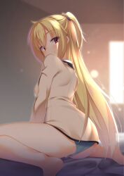 Rule 34 | 1girl, aria (koiiroharemoyou), arihara nanami, ass, backlighting, barefoot, black scrunchie, blonde hair, blue panties, blurry, blurry background, blush, breasts, breasts out, brother and sister, couple, eyelashes, feet out of frame, hair between eyes, highres, indoors, jacket, knees out of frame, light particles, long hair, long sleeves, looking at viewer, looking back, medium breasts, no bra, open clothes, panties, red eyes, riddle joker, school uniform, scrunchie, seductive smile, shirt, siblings, sideboob, sidelocks, sitting, smile, solo, solo focus, split mouth, straight hair, sunlight, sweat, textless version, thighs, third-party edit, two side up, underwear, very long hair, wariza, window, yellow jacket