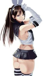 Rule 34 | 1girl, animal ears, armpits, arms up, ass, bare shoulders, black necktie, black skirt, blue sailor collar, breasts, brown hair, closed mouth, cosplay, cowboy shot, crop top, elbow gloves, fake animal ears, from side, gloves, greatmosu, hairband, highres, kantai collection, long hair, looking at viewer, looking to the side, microskirt, midriff, mole, mole under eye, necktie, one side up, original, purple eyes, rabbit ears, sailor collar, school uniform, serafuku, shimakaze (kancolle), shimakaze (kancolle) (cosplay), shirt, sideboob, sidelocks, simple background, skindentation, skirt, sleeveless, sleeveless shirt, small breasts, smile, solo, standing, striped clothes, striped thighhighs, thighhighs, thighs, white background, white gloves, white hairband, white shirt