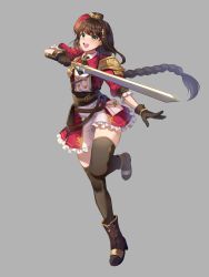 Rule 34 | 1girl, absurdres, armor, belt, belt pouch, blush, boots, braid, brown belt, brown footwear, brown gloves, brown hair, brown thighhighs, fantasy, frills, gloves, green eyes, hair ornament, highres, holding, holding sword, holding weapon, long hair, open mouth, original, pauldrons, pouch, red headwear, shoulder armor, single pauldron, smile, solo, sword, teeth, thighhighs, tongue, upper teeth only, weapon, yudi