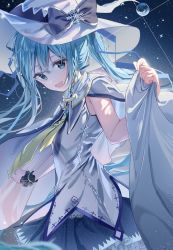 Rule 34 | 1girl, blue eyes, blue hair, bow, cape, hair bow, hair ornament, hat, hatsune miku, highres, long hair, looking at viewer, pikusu, pleated skirt, shirt, skirt, sky, smile, snowflake hair ornament, snowflake print, snowflakes, solo, star (sky), starry sky, vocaloid, white hat, witch hat