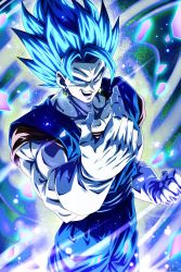 Rule 34 | &gt;:), 1boy, :d, bad id, bad twitter id, blue hair, clenched hand, commentary request, dougi, dragon ball, dragon ball super, dragonball z, earrings, gloves, highres, jewelry, muscular, open mouth, potara earrings, sekitsuki hayato, signature, smile, solo, spiked hair, super saiyan, super saiyan blue, teeth, v-shaped eyebrows, vegetto, white gloves