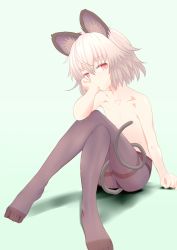 Rule 34 | 1girl, animal ears, black pantyhose, blush, boots, bored, brown pantyhose, convenient censoring, crossed legs, flat chest, from below, gradient background, green background, grey hair, head rest, highres, ishikkoro, looking at viewer, mouse ears, mouse tail, nazrin, panties, panties under pantyhose, pantyhose, red eyes, short hair, simple background, sitting, solo, tail, thighband pantyhose, topless, touhou, underwear, underwear only