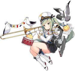 Rule 34 | 1girl, an shan (azur lane), an shan (the cornett of peace) (azur lane), anshan (azur lane), azur lane, bird, black skirt, blush, boots, chick, closed mouth, drum, drumsticks, full body, gloves, green eyes, green hair, high heel boots, high heels, holding, holding instrument, instrument, knee boots, long hair, long sleeves, looking at viewer, necktie, official alternate costume, red necktie, seagull, sheet music, shenbei xiaoqiu, side ponytail, skirt, smile, solo, transparent background, trombone, very long hair, white footwear, white gloves