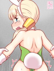 Rule 34 | 1girl, alternate costume, animal ears, artist logo, ass, backless outfit, blonde hair, blue eyes, blunt bangs, commentary request, dated, detached collar, from behind, gradient background, green leotard, grey background, hair ornament, implied sex, kanon (kurogane knights), kantai collection, leotard, long hair, looking at viewer, looking back, one-hour drawing challenge, out-of-frame censoring, playboy bunny, rabbit ears, rabbit tail, shin&#039;you (kancolle), solo, tail, tears, wrist cuffs
