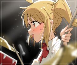 Rule 34 | 1girl, blonde hair, blurry, blurry foreground, bocchi the rock!, collared shirt, drum, drumsticks, holding, holding drumsticks, horn/wood, ijichi nijika, instrument, long hair, microphone, music, open mouth, orange eyes, playing instrument, shirt, side ponytail, smile, solo, sweat, teeth, upper teeth only, white shirt