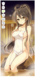 Rule 34 | 1girl, ahoge, alternate hair color, areola slip, arm support, blurry, blush, breast suppress, breasts, brown eyes, brown hair, cameltoe, cleavage, copyright name, covering privates, dated, depth of field, fence, furuiro meikyuu rondo, hair between eyes, hand on own chest, high ponytail, highres, himeno mitsuki, large breasts, long hair, looking at viewer, naked towel, navel, night, night sky, nipple slip, nipples, nude, nude cover, onsen, outdoors, ponytail, rock, see-through, sidelocks, signature, sitting, sketch, sky, smile, solo, steam, tel-o, thighs, towel, very long hair, water, wet, wide hips, wooden fence