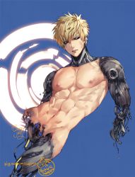 Rule 34 | 1boy, abs, black sclera, blonde hair, colored sclera, cyborg, damaged, earrings, funpjinju, genos, jewelry, male focus, mechanical arms, muscular, nipples, nude, one-punch man, parted lips, short hair, signature, single mechanical arm, solo, stud earrings, watermark, web address, yellow eyes
