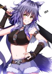 Rule 34 | 1girl, animal ears, armpits, breasts, grin, hinata tino, long hair, makoto (princess connect!), medium breasts, navel, princess connect!, purple hair, sideboob, smile, solo, standing, tagme, tail, wolf ears, wolf girl, wolf tail, yellow eyes