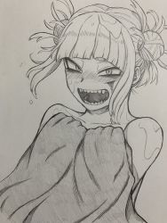 bags_under_eyes blanket blood blood_on_face blunt_bangs blush boku_no_hero_academia covering_privates covering_breasts double_bun eyeliner fangs graphite_(medium) greyscale hair_bun highres makeup messy_hair monochrome nagatomo1565 narrowed_eyes open_mouth sidelocks slit_pupils smile toga_himiko towel traditional_media wet