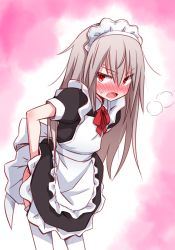 Rule 34 | 1girl, blush, breath, commentary request, dress, elena trafalgar, grey hair, highres, ikune juugo, long hair, looking at viewer, maid, maid headdress, open mouth, original, red eyes, solo, sweat, thighhighs, v-shaped eyebrows, white thighhighs