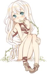 Rule 34 | 1girl, 7010, blush, green eyes, long hair, original, pointy ears, simple background, sitting, solo, white background, white hair