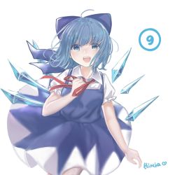 Rule 34 | 1girl, artist name, blouse, blue dress, blue eyes, blue hair, blue ribbon, bow, circled 9, cirno, dress, dress shirt, hair bow, hand on own chest, highres, ice, ice wings, looking at viewer, puffy short sleeves, puffy sleeves, red bow, red ribbon, ribbon, shirt, short hair, short sleeves, simple background, sly930105, smile, touhou, white background, white shirt, wings