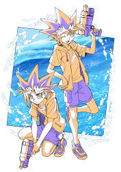 Rule 34 | 2boys, ;d, commentary request, dyed bangs, fushitasu, holding, hood, hood down, hoodie, looking at viewer, lower teeth only, male focus, multiple boys, muto yugi, one eye closed, open clothes, open hoodie, open mouth, orange hair, orange hoodie, orange shirt, purple hair, purple shorts, shirt, shoes, short sleeves, shorts, smile, sneakers, spiked hair, squatting, standing, teeth, tongue, water drop, water gun, yami yugi, yu-gi-oh!, yu-gi-oh! duel monsters