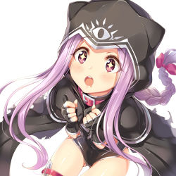 Rule 34 | 1girl, :o, aged down, black capelet, black cloak, black gloves, black leotard, blush, breasts, capelet, cloak, collar, commentary request, covered navel, drooling, fate/grand order, fate (series), fingerless gloves, food, gloves, highres, hood, hood up, hooded cloak, leotard, long braid, long hair, medusa (fate), medusa (lancer) (fate), medusa (rider) (fate), open mouth, parted bangs, purple eyes, purple hair, red collar, rider, sidelocks, simple background, solo, sparkle, tel-o, thighs, very long hair, white background
