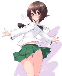 Rule 34 | 1girl, alternate costume, ass, black neckerchief, blouse, blush, brown eyes, brown hair, closed mouth, clothes lift, commentary, dated, from behind, girls und panzer, gluteal fold, green skirt, highres, kuzuryuu kennosuke, light frown, long sleeves, looking at viewer, looking back, miniskirt, neckerchief, nishizumi maho, one-hour drawing challenge, ooarai school uniform, panties, pantyshot, pleated skirt, sailor collar lift, school uniform, serafuku, shirt, short hair, skirt, skirt lift, solo, standing, thighs, translated, twitter username, underwear, white background, white panties, white shirt, wind, wind lift
