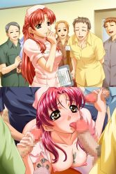 Rule 34 | before and after, blush, breasts, brown eyes, censored, fellatio, from above, group sex, garter belt, group sex, handjob, hat, highres, licking, long hair, money, tucked money, nipples, nurse, nurse cap, open clothes, open shirt, oral, penis, red hair, sex, shirt, shuumatsu, source request, thighhighs, white legwear