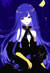 Rule 34 | 1other, absurdres, alternate costume, androgynous, bare shoulders, black dress, blue background, blue eyes, blue hair, brooch, commentary, cowboy shot, detached sleeves, dress, eyelashes, golden arms, half moon, halterneck, highres, houseki no kuni, jewelry, lapis lazuli (houseki no kuni), long hair, long sleeves, looking at viewer, moon, parted lips, petals, sheya, smile, solo, spoilers, symbol-only commentary, very long hair, wide sleeves