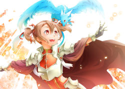 Rule 34 | 1girl, :d, adapted costume, armor, armored dress, breastplate, brown cape, brown hair, cape, dress, faulds, floating hair, gauntlets, hair between eyes, hair ribbon, highres, multiple tails, oboro neko, open mouth, orange ribbon, outstretched arms, pina (sao), red dress, red eyes, ribbon, short hair, shoulder armor, silica, smile, sword art online, tail, twintails, two tails