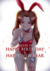 Rule 34 | 1girl, animal ears, artist logo, bare shoulders, birthday, black pantyhose, bow, bowtie, breasts, brown eyes, brown hair, chinese zodiac, collar, commentary, cowboy shot, dated, detached collar, fake animal ears, fishnet pantyhose, fishnets, girls und panzer, grin, hair bow, hand on own thigh, happy birthday, happy new year, highres, index finger raised, kadotani anzu, leaning forward, leotard, long hair, looking at viewer, new year, nishi itsumi, pantyhose, parted bangs, playboy bunny, rabbit ears, red bow, red bowtie, red leotard, small breasts, smile, solo, twintails, white collar, wing collar, wrist cuffs, year of the rabbit