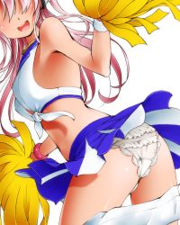 Rule 34 | 1girl, cheerleader, dr rex, faceless, faceless female, frilled panties, frills, head out of frame, lace, lace-trimmed panties, lace trim, long hair, looking back, nitroplus, panties, pink hair, pom pom (cheerleading), shirt, solo, super sonico, tied shirt, underwear, white panties, wind, wind lift