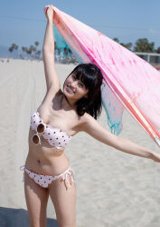 Rule 34 | 1girl, aida rikako, beach, bikini, highres, looking at viewer, outdoors, photo (medium), smile, swimsuit, voice actor