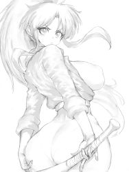 Rule 34 | 1girl, alternate breast size, ass, baseball bat, botan (yu yu hakusho), breasts, curvy, fumio (rsqkr), high ponytail, highleg, holding, holding baseball bat, huge ass, jacket, large breasts, long hair, looking at viewer, looking back, looking to the side, monochrome, nipples, pantylines, ponytail, pout, simple background, solo, very long hair, white background, yuu yuu hakusho