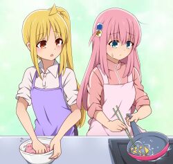 Rule 34 | 2girls, ahoge, apron, blonde hair, bocchi the rock!, bowl, chips (food), chopsticks, collared shirt, commentary request, cooking, cube hair ornament, detached ahoge, dual wielding, food, frying pan, gotoh hitori, gotoh hitori (octopus), green eyes, hair between eyes, hair ornament, highres, holding, holding chopsticks, holding frying pan, ijichi nijika, jacket, kitchen, long hair, long sleeves, looking at another, multiple girls, one side up, orange eyes, pink apron, pink hair, pink jacket, purple apron, shirt, side ponytail, sidelocks, simple background, sleeves rolled up, stove, suwaneko, sweatdrop, tortilla, track jacket, white shirt
